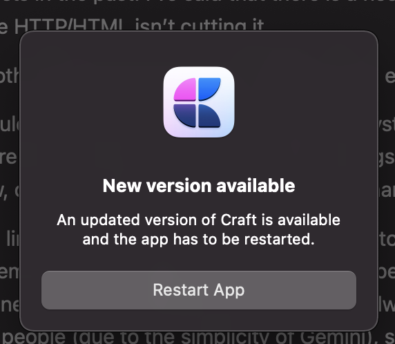 A screenshot of a popup with the Craft logo and "New version available" / "An updated version of Craft is available and the app has to be restarted." A single button reading "Restart App"