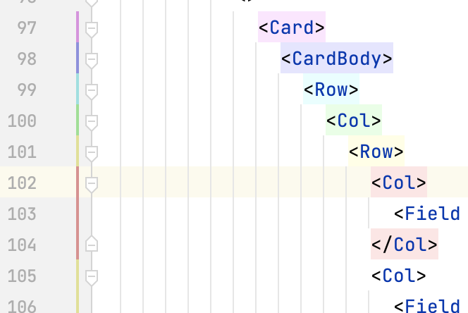 A screenshot of RubyMine showing some JSX and the tags are highlighted in the colors of the rainbow and there are corresponding rainbow colors in the editor gutter.