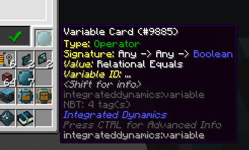 A screenshot of an item in Minecraft, the tooltip describes it as, "Variable Card, Type: Operator, Signature: Any -> Any -> Boolean, Value: Relational Equals".