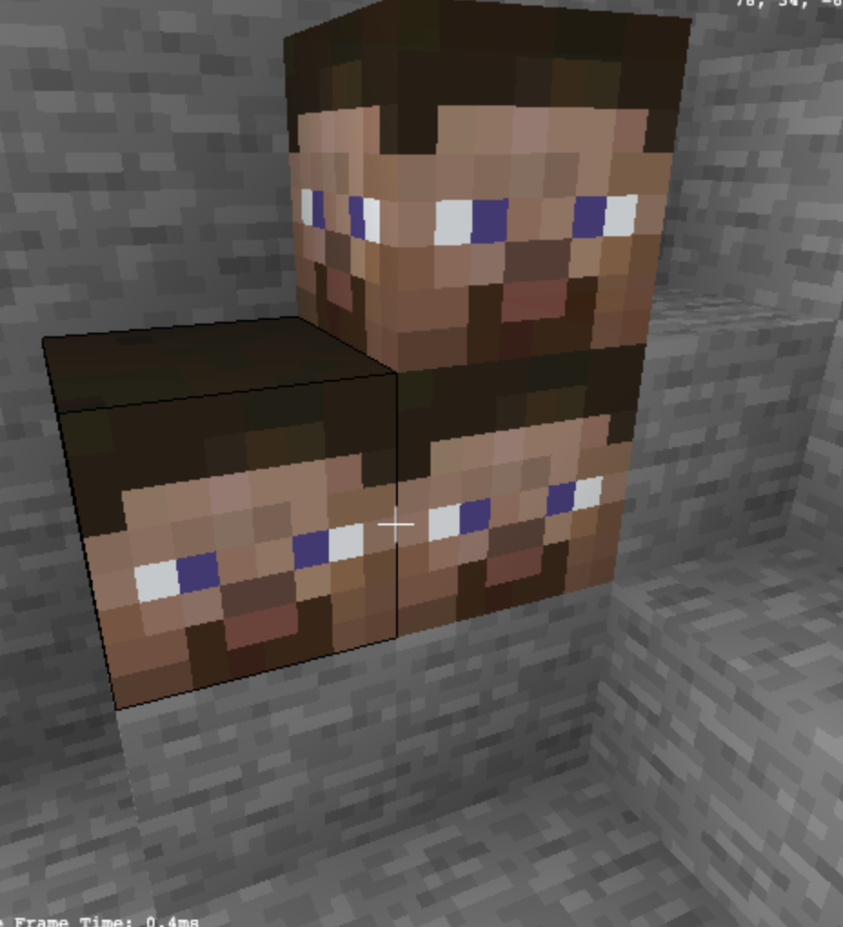 A screenshot of MineKhan with 3 full blocks each with Steve's face on all sides.
