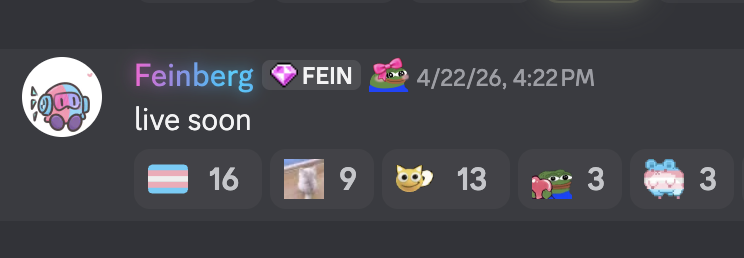 A screenshot of Feinberg saying "live soon" in Discord with 16 trans flag reactions.