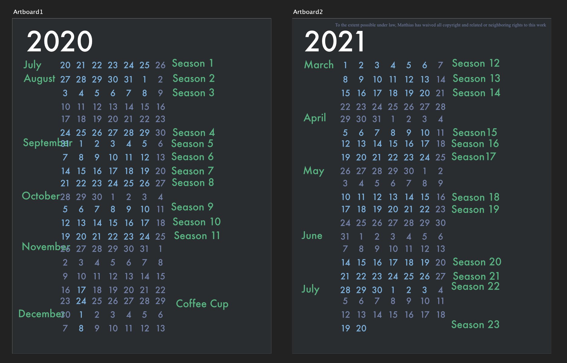 A screenshot of artboards showing a calandar from July 20, 2020 to July 20, 2021, with dates that Blaseball games happened highlighted in blue, and Blaseball seasons (1-23) numbered in the margins. A fair amount of the text overlaps itself.