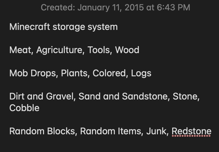 A screenshot of a note with a created date of January 11th, 2015. It's titled "Minecraft storage system" and lists 16 categories of items in Minecraft.