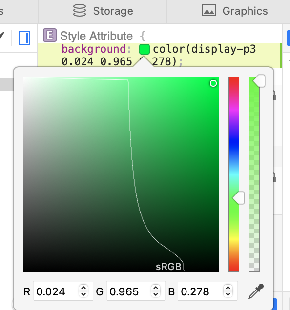 A screenshot of a green color picker with a white line labeled sRGB roughly down the middle.