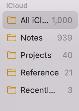 Screenshot of the sidebar of Apple Notes, showing 1,000 total notes.
