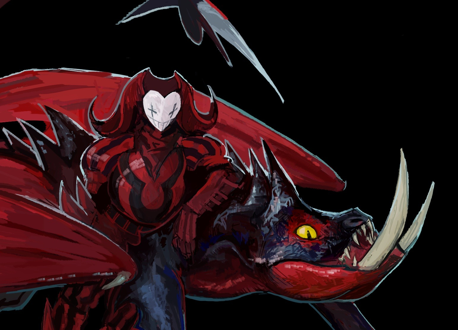 A drawing of a red "clown" design standing in front of a dragon. The eyes on the clown are crosses and the jester's headpiece is missing its bells. Instead, the two conical sections curve out from the clown's head in a way reminiscent of demonic goat horns.