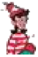 A super blurry picture of a person wearing red and white. There are a couple of pixels of hair by her shoulders.