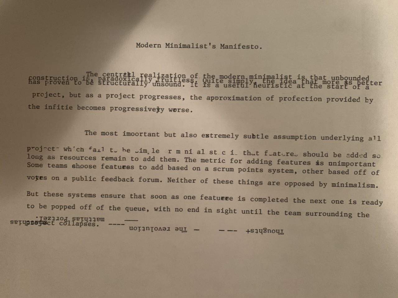 A typewritten document entitled “Modern Minimalist’s Manifesto”