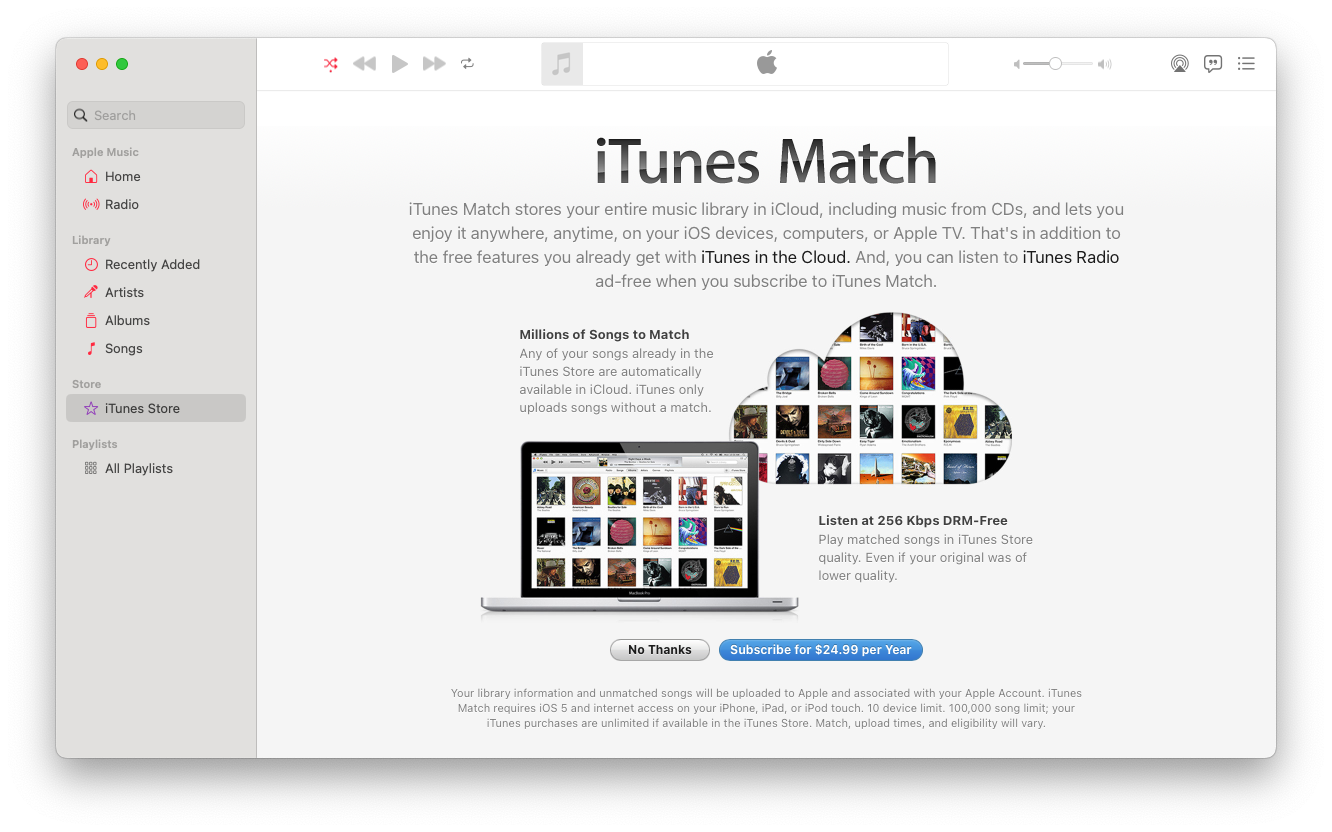 A screenshot of the modern Music app on a Mac showing the iTunes Match subscription page. It has an early 2010s design, marketing copy "Listen at 256Kbps DRM-free" "Subscribe for $24.99 per Year"