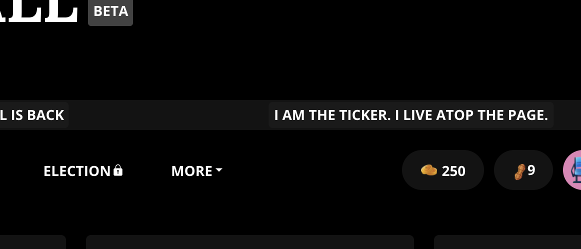 A screenshot of the Blaseball website centered on the ticker at the top of the page which reads "I am the ticker. I live atop the page"