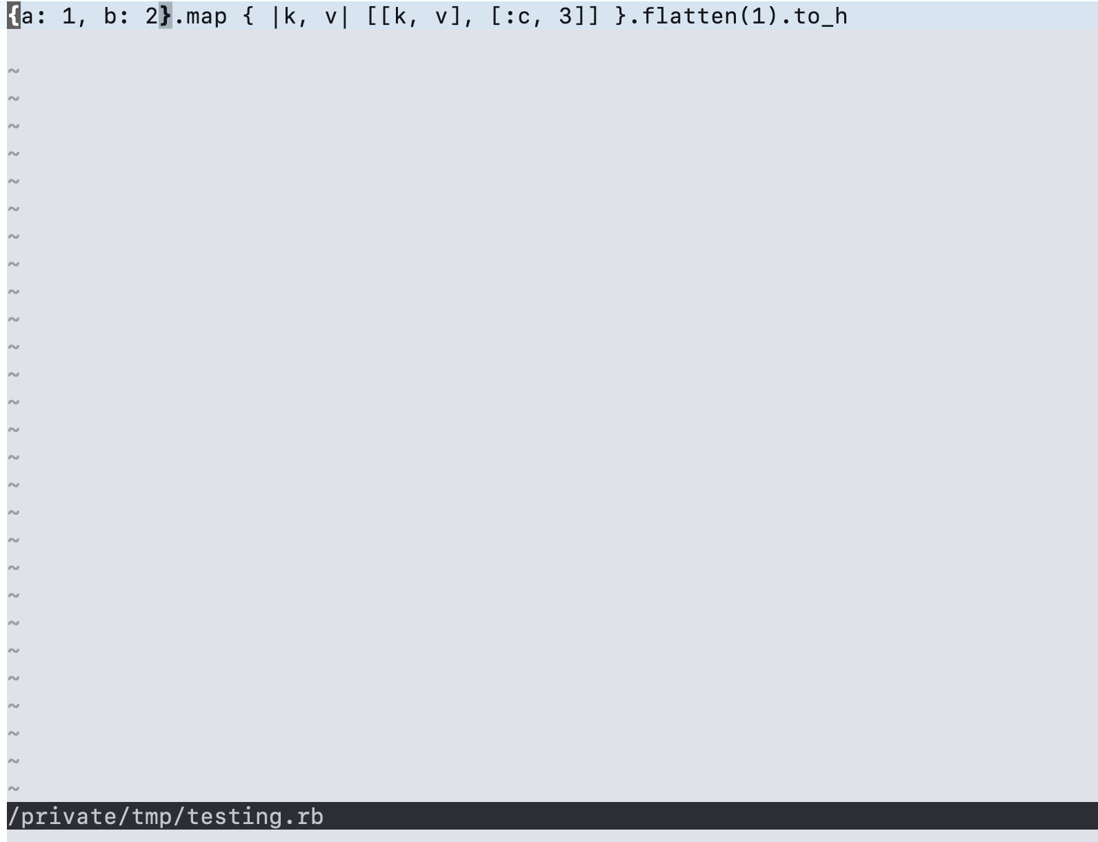 Screenshot of a ruby one-liner at /tmp/testing.rb, not syntax highlighted.
