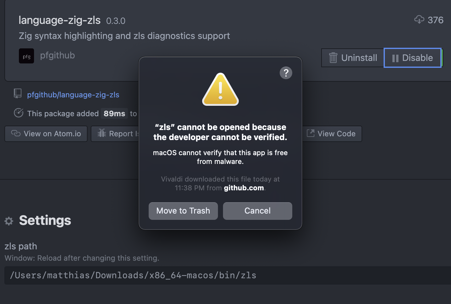 A screenshot of a macOS dialogue saying I don't have permission to execute `zls`. Behind it is Atom, showing the language-zig-zls package ("Zig syntax highlighting and zls diagnostic support"). The setting for "zls path" is in my downloads folder.