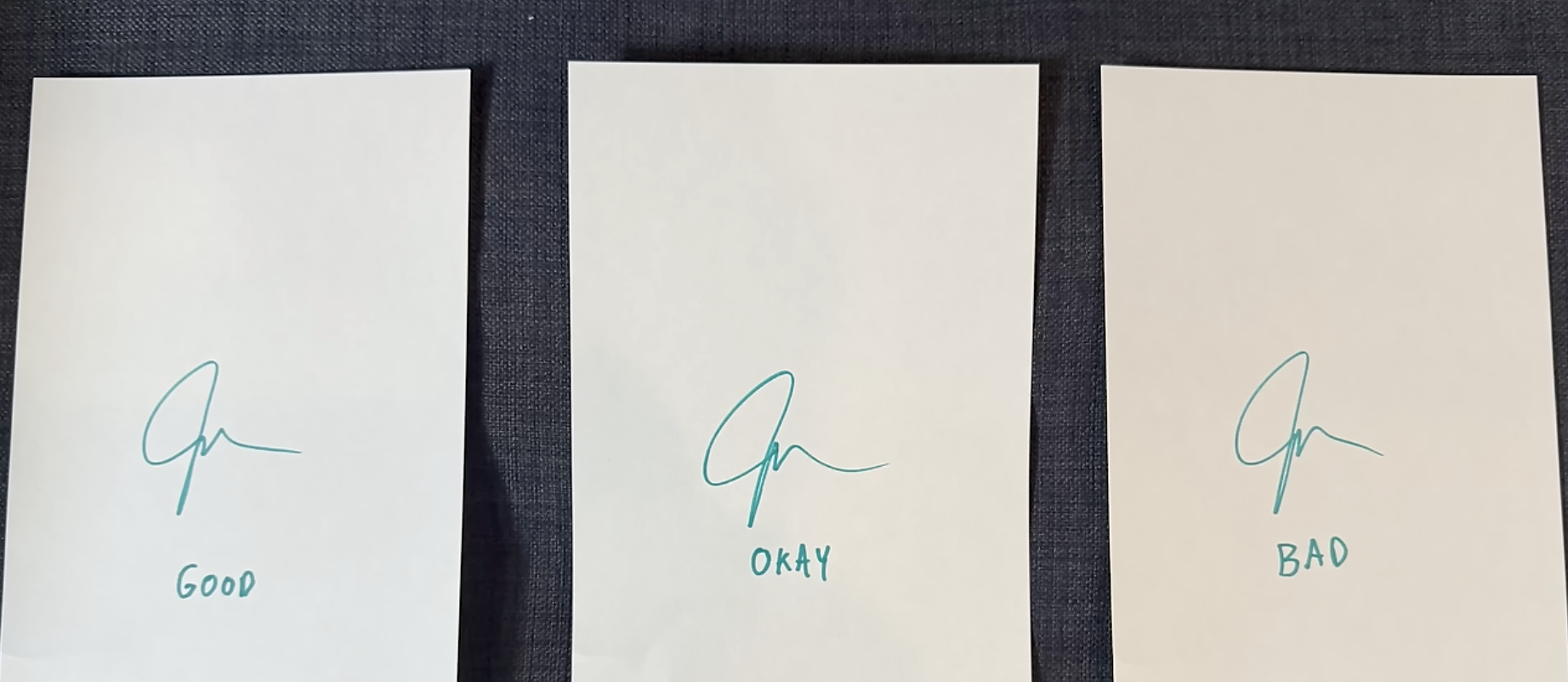 Three very similar John Green signatures which he has labeled "good", "okay", and "bad."