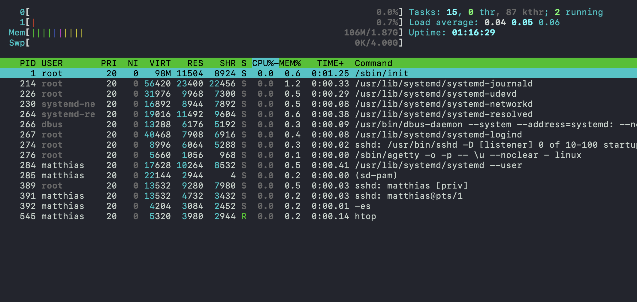 An htop screenshot showing Mem: 100Mb of 2 GB used, and Swap: 0 of 4GB. And a total of like 10 processes running.